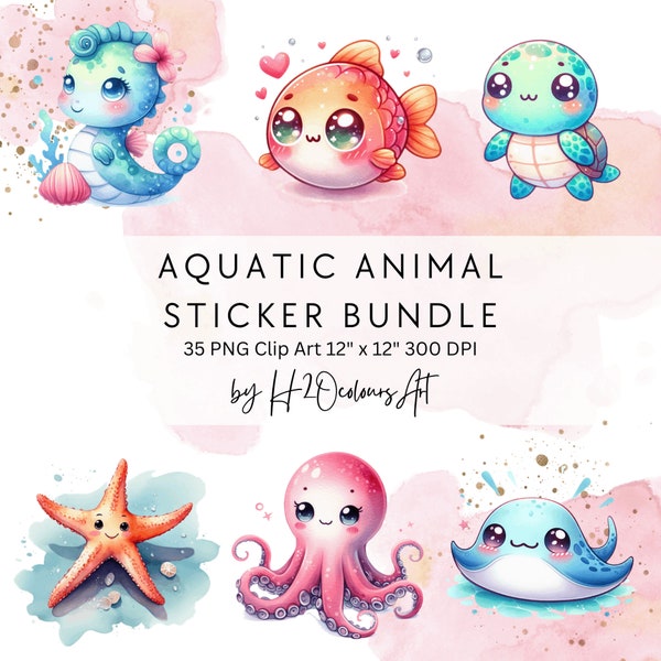 Aquatic Animals Sticker Bundle | Marine Watercolour | 35 Cute Sea & Nautical PNG for Baby Showers | Ocean Nursery | Wall Art| 1st Birthdays