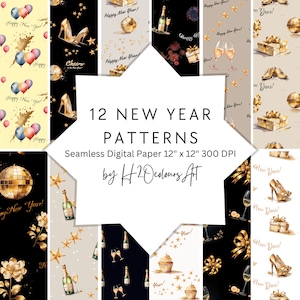 New Year Digital Paper| Scrapbook Papers| Celebration| Seamless Patterns| Champagne| Flowers| Gold Glitter Pattern| Fabric pattern| Backdrop