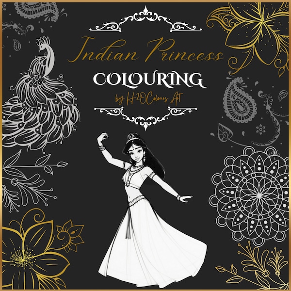 Indian Princess Colouring Book| 50 Sheets| Royal Colouring Pages| Fairy Tale Princess| Book PDF| Kids Party Colouring Pages| Printable