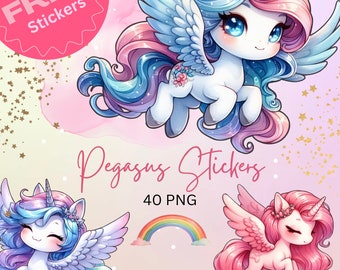 May include: A set of 40 digital clipart images of cute cartoon pegasus with wings, in pink, blue, and white colors. The images are perfect for creating stickers, scrapbooking, and other craft projects.  The text "Pegasus Stickers" and "40 PNG" is included in the image.
