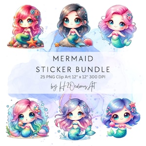 25 Meerjungfrau Clipart-Bundle Aquarell süsse Meerjungfrau Unterwasserwelt Meerjungfrau PNG Planer | Meerjungfrau Aufkleber | Regenbogen Meerjungfrau | Chibi Aufkleber