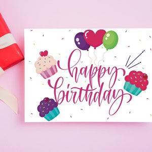 Printable Happy Birthday Card, Birthday Card with balloons and cupcakes, Happy Birthday Greeting Card, 7x5 Cute Birthday Card image 1