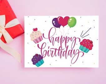 Printable Happy Birthday Card, Birthday Card with balloons and cupcakes, Happy Birthday Greeting Card, 7x5 Cute Birthday Card