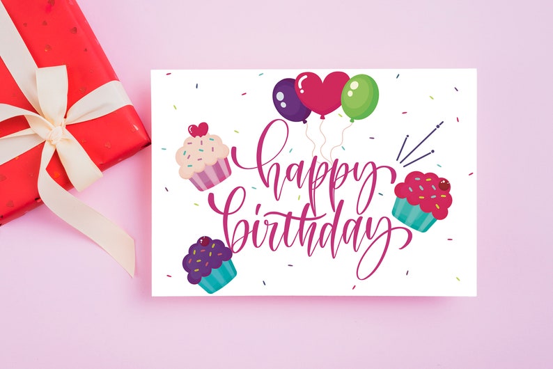 Printable Happy Birthday Card, Birthday Card with balloons and cupcakes, Happy Birthday Greeting Card, 7x5 Cute Birthday Card image 1