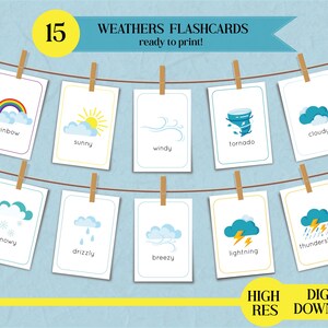 Flashcards de clima para crianças | Cartões de aprendizagem imprimíveis Montessori | Download digital | Flashcards de clima |