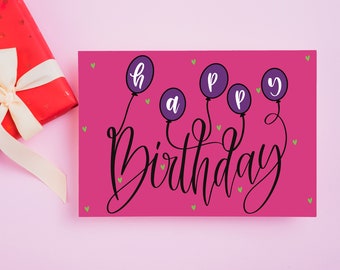 Happy Birthday Card Print, Happy Birthday Card, Birthday Card with balloons, Happy Birthday Greeting Card, 7x5 Cute Birthday Card,