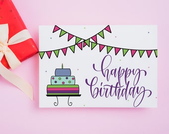 Printable Happy Birthday Card, Cake Birthday Card, Colorful Birthday Greeting Card, Wife Birthday Card, Mom Birthday Card, 5x7 Birthday Card