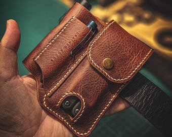 Cintura multiuso in pelle con fodero, patta, Leatherman Victorinox Gerber, torcia elettrica, penna, fondina, trasporto fatto a mano KLUTXV2