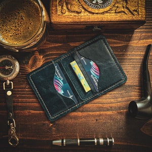 Blue Handmade Leather Men&#39;s Wallet, Front Pocket Wallet, Minimalist Wallet, Bifold Card Wallet, Leather Gift