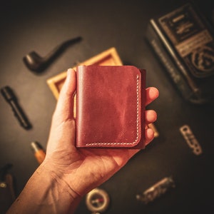 Driebladige Bordeaux handgemaakte lederen unisex portemonnee, portemonnee met voorvak, minimalistische lederen portemonnee cadeau, EDC portemonnee