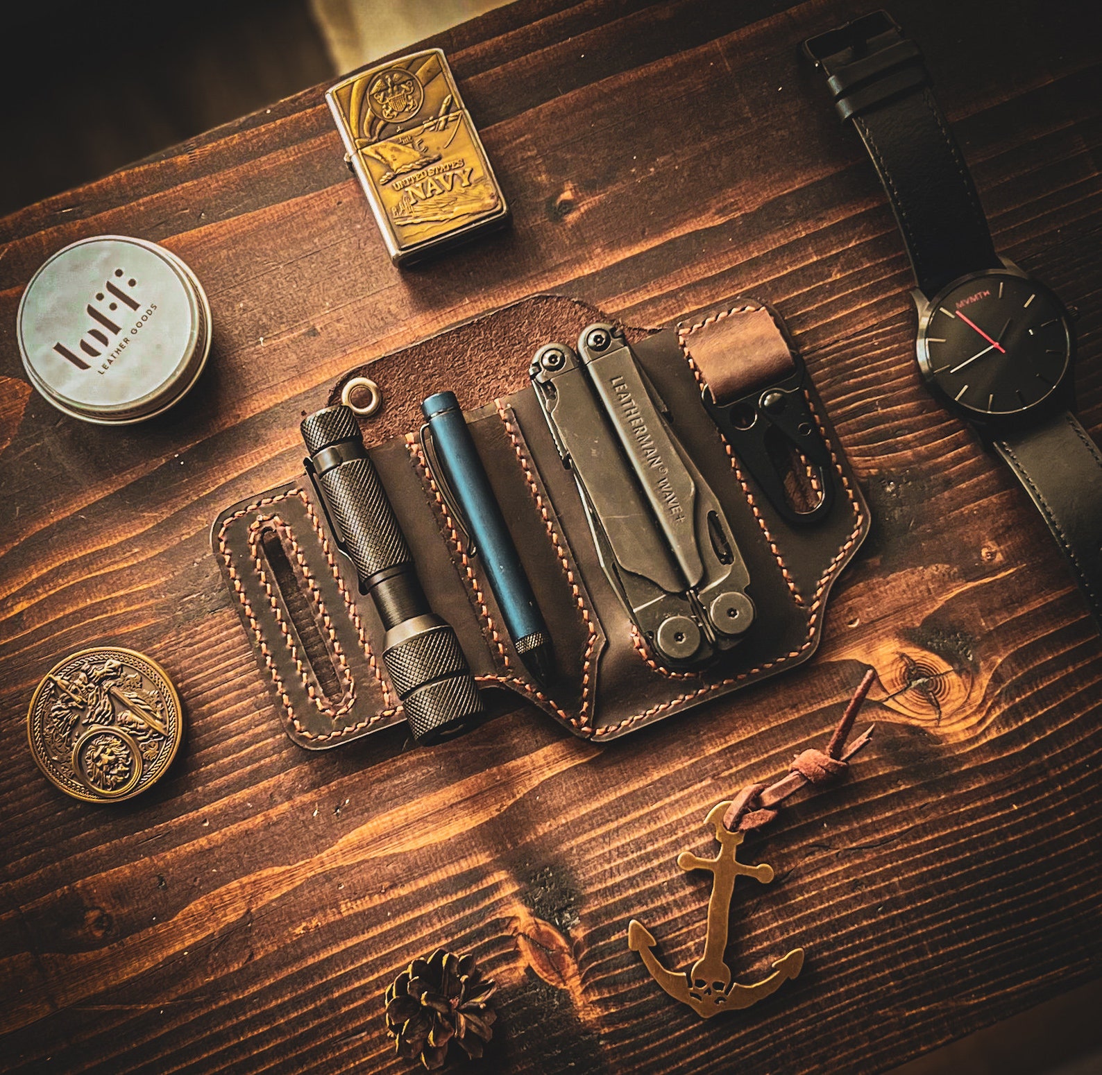 Leather Multitool Belt Pouch – Everyday Carry Organizer With Key Holder, Fits Knife, Flashlight, Pen (Tools Not Included)
