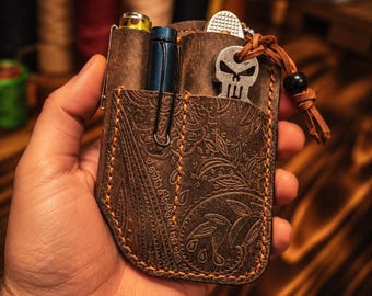 EDC Organizer, Genuine Italian Embossed Leather, Pocket Organizer Knife, Pen, Flashlight & Pry Bar| THORN