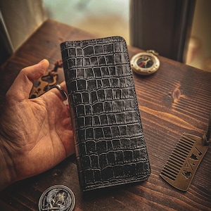 Cartera larga de cuero, Cartera unisex de cuero para hombre y mujer, Cartera minimalista de piel de cocodrilo, Regalo para él y para ella, Monedero largo de cuero para mujer, Cartera de piel de cocodrilo