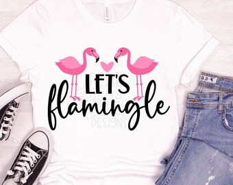 May include: White t-shirt with a pink flamingo graphic and the text "Let's Flamingle".
