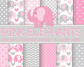 Elephant Digital Paper, Pink Elephant Digital Paper, Baby Scrapbook Paper, Nursery Print, Baby Girl, SMALL COMMERCIAL USE, Instant Download
