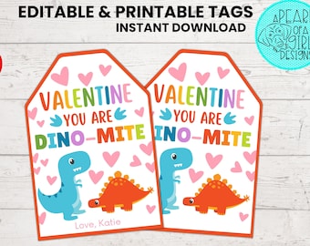 Dinosaur Valentine Tag, Dino-Mite Valentine's, Kids Valentine Card, Dinosaur Printable Valentine's Tag, Editable, Instant Download