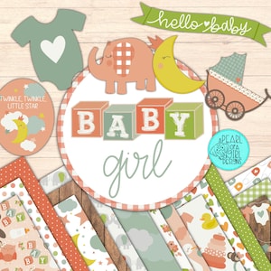 Papel digital para bebé niña, álbum de recortes para bebé, papel para álbum de recortes para bebé niña, kit para álbum de recortes para bebé, impresiones para bebé, imágenes prediseñadas para bebé, descarga instantánea