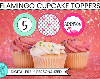 Flamingo Cupcake Toppers, Flamingo Party Favors, Tropical Party Decorations, FLAMINGO, Birthday, Flamingo Cake Topper, Personalized, DIGITAL