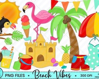 Strand Clipart, Clipart Pool-Party, Clipart Tropisch, Sommer, Flamingo, Strand, Palme, Instant Download, persönlicher Gebrauch, kommerzielle Nutzung