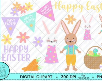 Bunny Love Easter Clipart, Easter PNG Clipart, Digital Clipart, Easter Printable, Easter Bunny PNG, Instant Download, Bunny, Flowers