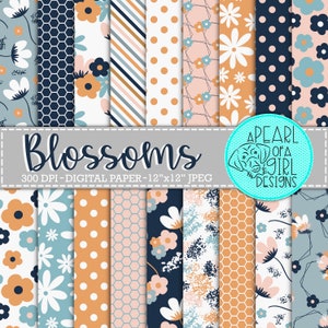 Blossoms Digital Paper, Floral Digital Paper, Floral Scrapbook Paper, Seamless Pattern, Printable Paper Bundle, Instant Download image 1