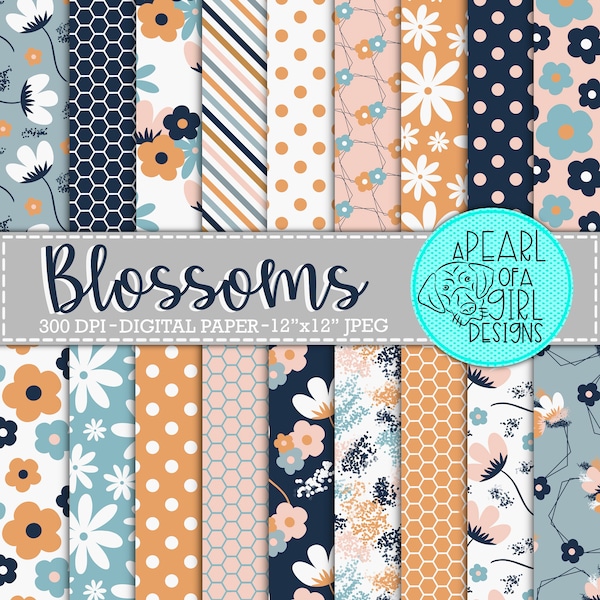 Blossoms Digital Paper, Floral Digital Paper, Floral Scrapbook Paper, Seamless Pattern, Printable Paper Bundle, Instant Download