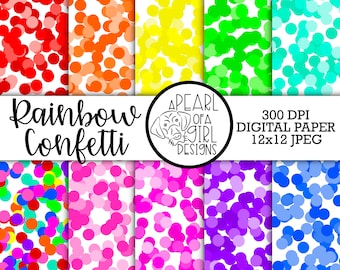 Rainbow Confetti Digital Paper Pack, Rainbow Paper, Scrapbook Paper, Confetti, Background, Party, Instant Download, Commercial Use