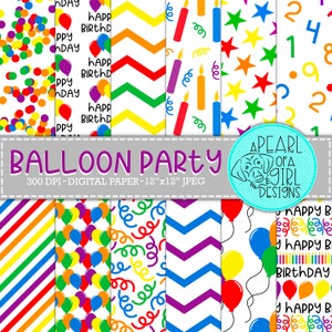 Balloon Party Digital Paper Pack, Birthday Paper, Scrapbook, Happy Birthday, Kids Party, Confetti, Streamers, Personal & Commercial Use