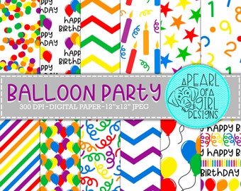 Può includere: Un pacchetto di carta digitale con file JPG da 12x12 pollici che presenta motivi colorati per feste di compleanno. I motivi includono palloncini, candele, coriandoli, stelle, strisce e zig zag. Il testo "Balloon Party" e "300 DPI - Digital Paper - 12"x12" JPEG" è incluso nell'immagine.