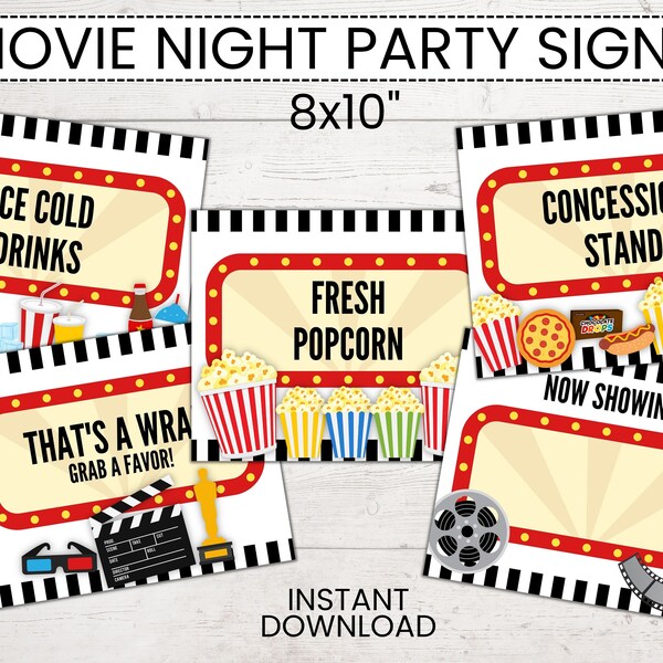 Movie Night Party Signs, Movie Night Birthday, Backyard Movie Night, Concession Sign, Popcorn, PRINTABLE Party Decoration, Instant Download