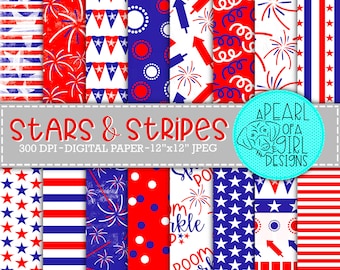 Stars & Stripes Digital Paper, Scrapbook, 4th of July, Patriotic, USA, Printable Paper, Stripes, Stars Seamless Pattern, Instant Download