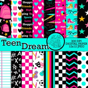 Teen Dream Digital Paper Pack, druckbares Papier, High School, Scrapbook, Teenager, Girl Party, Cheer, Pink, Gold, persönliche & kommerzielle Nutzung