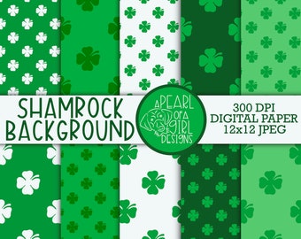 St. Patrick's Day Digital Paper, Shamrock Print, Green Shamrock Background, Green, White, Scrapbook Paper, Personal & Commercial Use