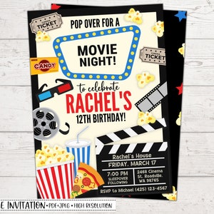 Movie Birthday Invitation, Movie Night Invitation, Movie Party Invite, Movie Theme Party, Popcorn Party, Personalized, DIGITAL DOWNLOAD