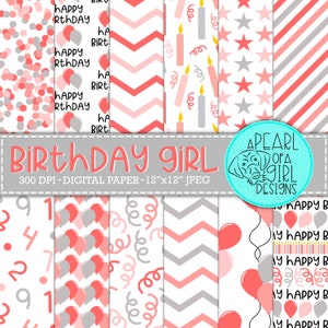 Birthday Girl Digital Paper Pack, Birthday Paper, Scrapbook, Happy Birthday, Girl, Pink, Gray, Confetti, Balloons, Personal & Commercial Use