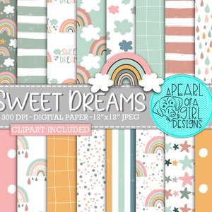 Boho Regenbogen digitales Papier, Regenbogen Scrapbook Papier, Baby Mädchen Scrapbook Papier, Boho Kinderzimmer, Sterne, Wolken, rosa, Instant Download