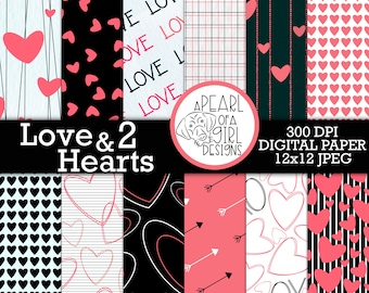 Pacote de papel digital Love and Hearts, papel digital rosa, pacote de papel para namorados, para impressão, corações, amor, papel para scrapbook, download instantâneo,