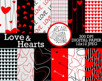 Pacote de papel digital Love and Hearts, papel digital vermelho, pacote de papel para namorados, para impressão, corações, amor, papel para scrapbook, download instantâneo,
