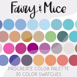 Op de afbeelding: Een digitaal kleurenpalet met 30 kleurstalen in een rasterpatroon. Het palet heeft de titel "Fairy & Mice" en bevat tinten blauw, groen, paars, roze, bruin en beige.