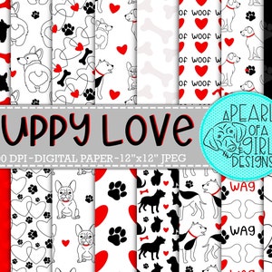 Puppy Love Digital Paper Pack, druckbares Papier, Hund Digitales Papier, Hundeliebhaber Papier, Valentinstag Papier, Scrapbooking, persönliche & kommerzielle Nutzung