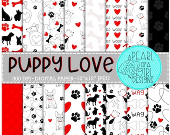 Puppy Love Digital Paper Pack, Printable Paper, Dog Digital Paper, Dog Lover, Valentine's Day Paper, Scrapbooking, Personal & Commercial Use