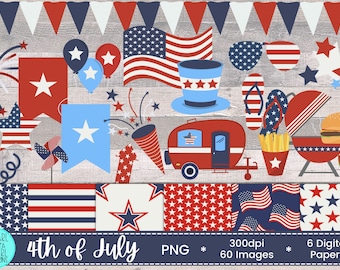 Paquete de imágenes prediseñadas del 4 de julio, imágenes prediseñadas del 4 de julio, imágenes prediseñadas patrióticas, imágenes prediseñadas de fuegos artificiales, papel digital, barras y estrellas, PNG, sublimación