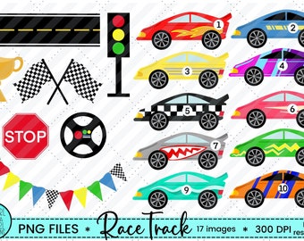 May include: A set of 10 colorful cartoon race cars with numbers 1 through 10 on them.  The cars are on a white background with other race track themed images including a checkered flag, a stop sign, a trophy, a traffic light, a steering wheel, and a string of flags.