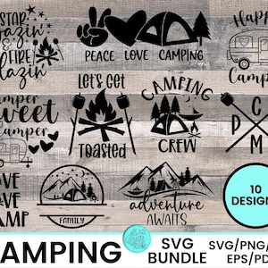 Paquete SVG de camping, Camping SVG, Camping PNG, Camper SVG, Camping Bucket, Dxf, Eps, Pdf, Cricut, Silhouette Cameo, Pequeño uso comercial
