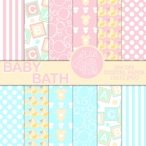 Baby Bath Digital Paper Pack, papier do druku, niemowlę, pokój dziecięcy, album, chłopiec, dziewczynka, baby shower, do użytku osobistego i komercyjnego