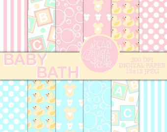Baby Bath Digital Paper Pack, Printable Paper, Baby, Nursery, Scrapbook, Baby Boy, Baby Girl, Baby Shower, Personal & Commercial Use