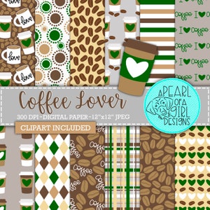 Coffee Lover Digital Paper Pack, druckbares Papier, Kaffeepapier, Scrapbooking, Kaffee Clipart, Kaffeeliebhaber, Latte, persönlicher & kommerzieller Gebrauch