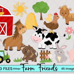 Clipart de animais de fazenda, clipart fofo de fazenda, animais fofos de fazenda, animais de celeiro, aniversário de fazenda, arquivos PNG, porco, vaca, papel digital, download instantâneo