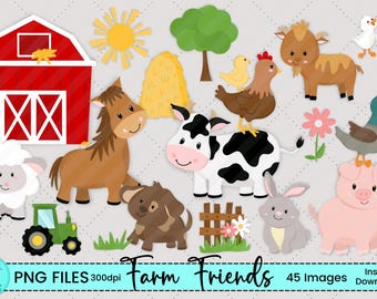 May include: A collection of colorful, cartoon farm animals and elements, including a red barn, a horse, a cow, a pig, a sheep, a duck, a chicken, a goat, a rabbit, a tractor, and a sun. The words "Farm Friends" are displayed.