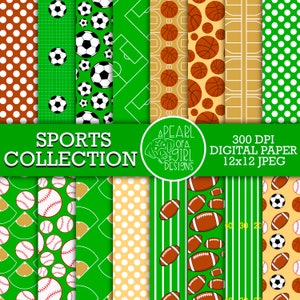 Sports Collection Digital Paper, Sports Scrapbook Paper, Baseball, Football, Basketball, Soccer, Sports Backgrounds, Instant Download